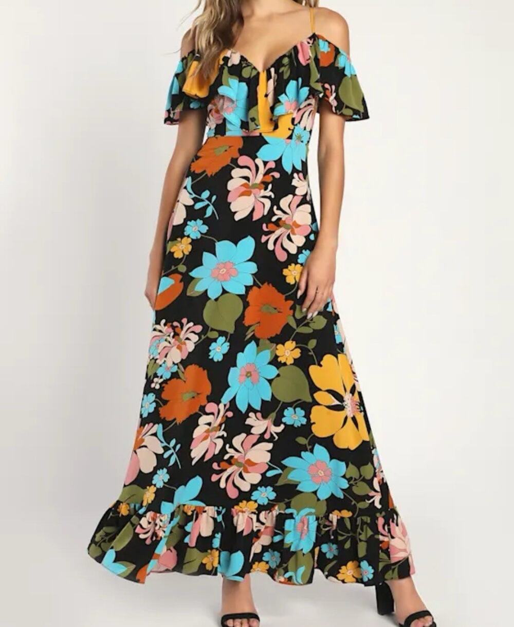 Lulus Got the Flower Black Floral Ruffled Cold-Shoulder Maxi Dress Size Large